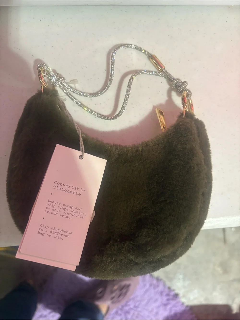 Faux Fur Crescent Shoulder Bag - Olive Green